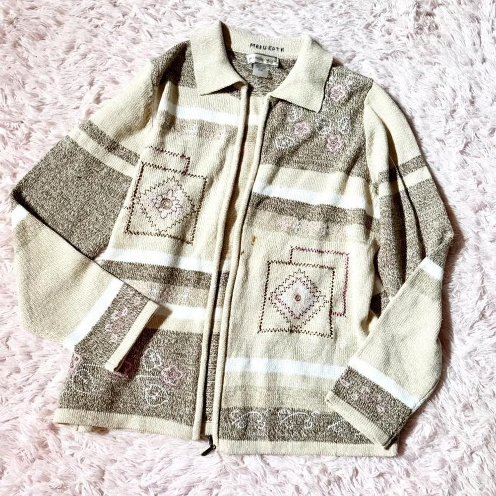 Cottage Core Heritage Grandma Core Embroidered Zip Up Cardigan Womens M Coquette - Picture 1 of 6